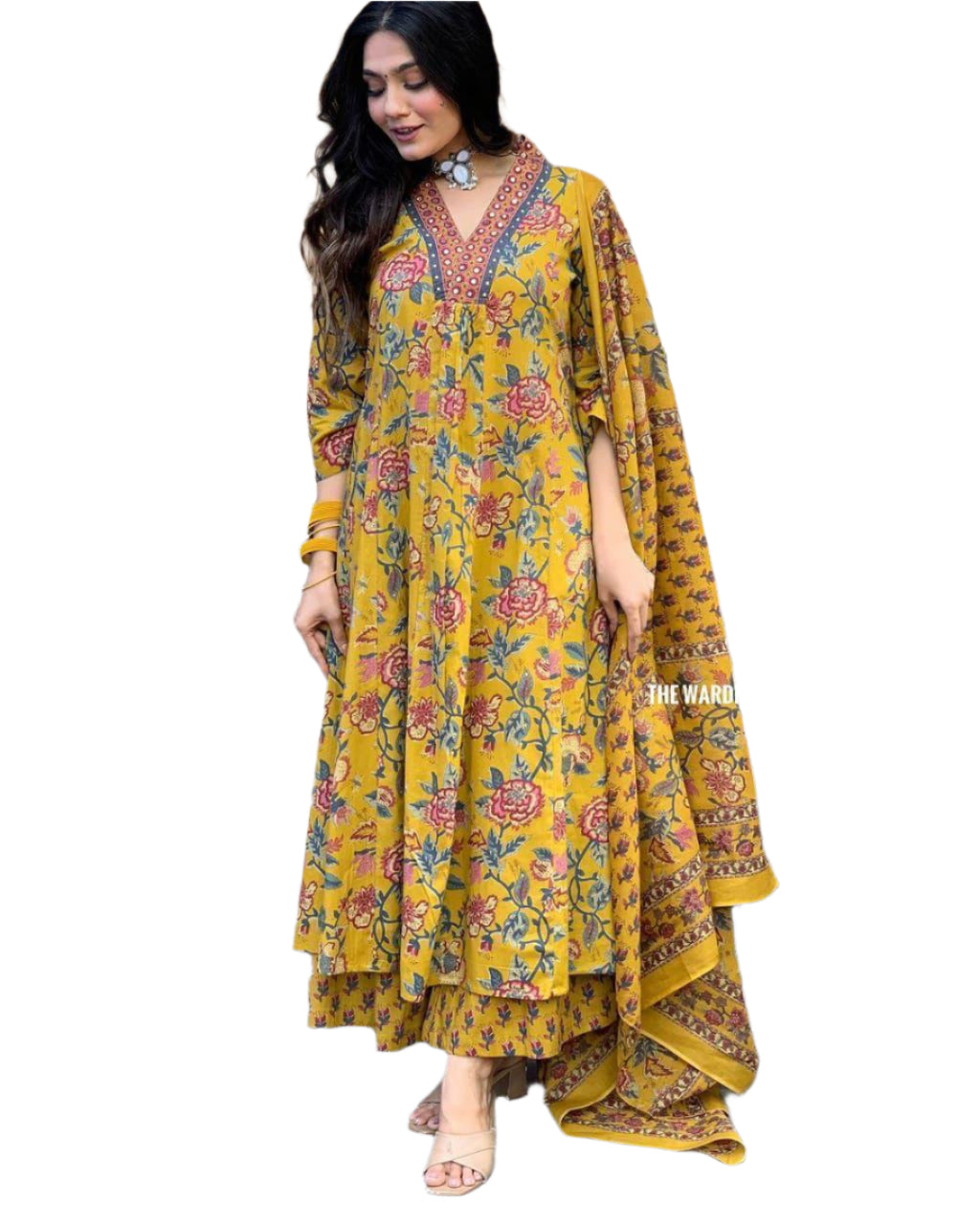 Beautiful yellow cotton v neck floral printed Anarkali set