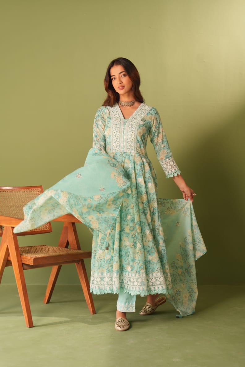 Mul cotton floral printed anarkali set