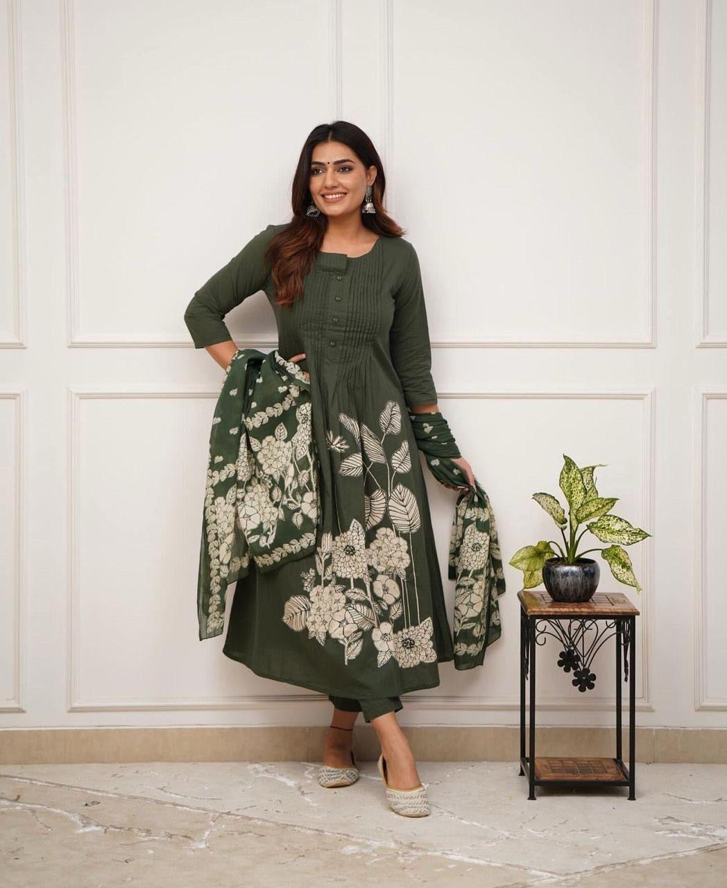 Beautiful Green Cotton Floral Printed Anarkali Set