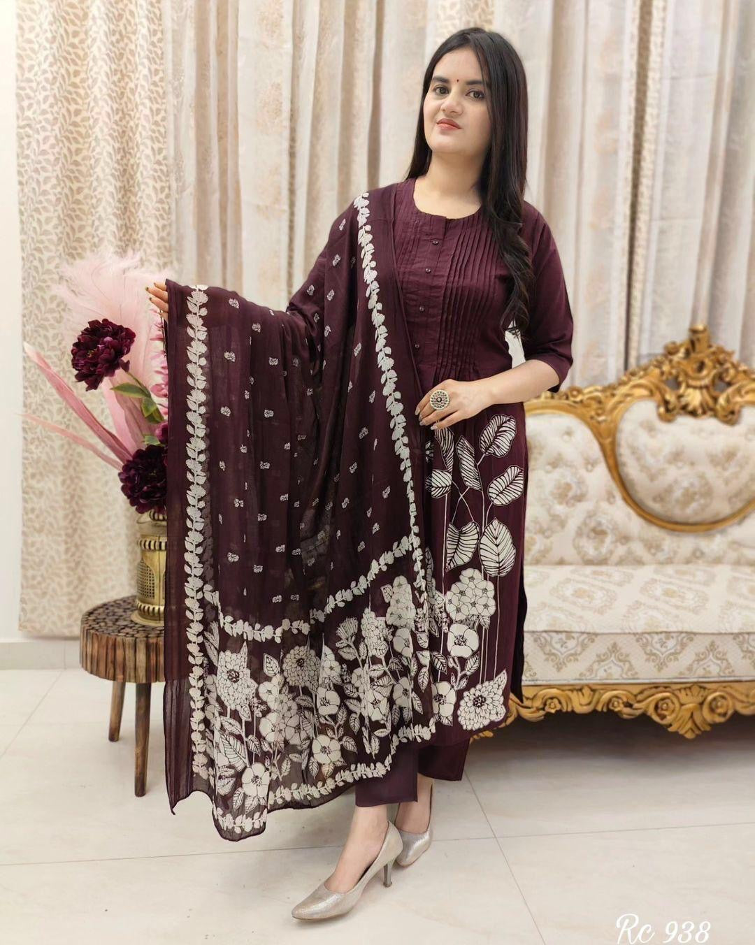 Beautiful wine Cotton Floral Printed Anarkali Set