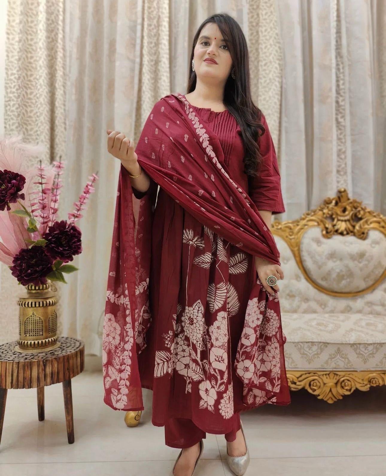 Beautiful brown cotton floral printed Anarkali set