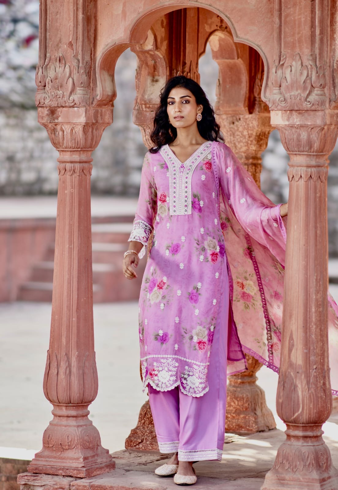 Baby pink floral print organza pant set