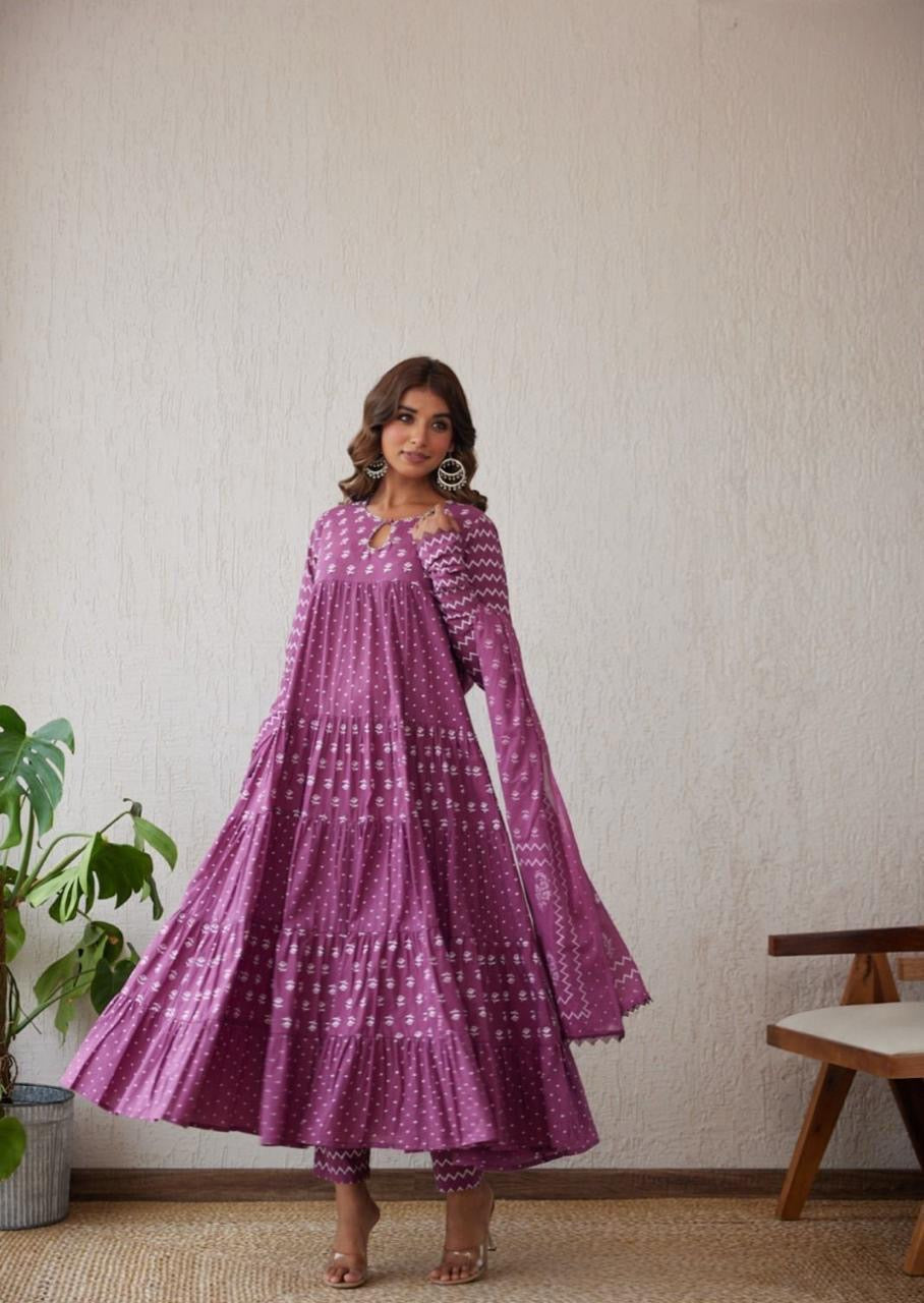 Beautiful purple cotton printed anarkali set