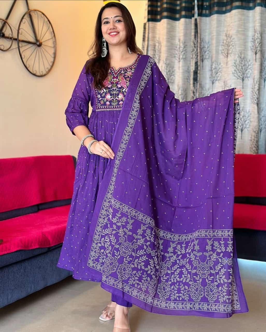 Cotton thread neck emboridered work anarkali set