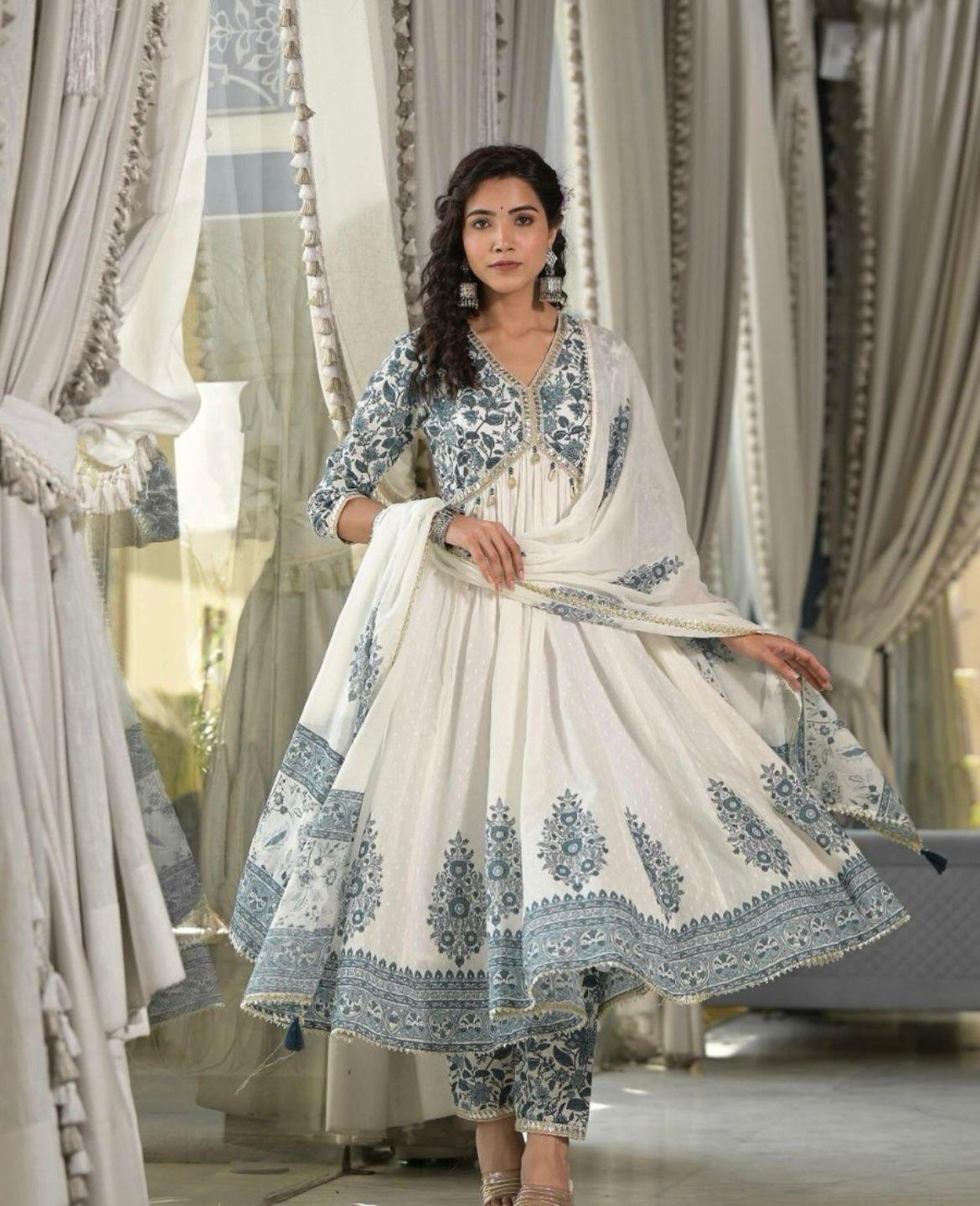 Beautiful cotton printed Anarkali set with designer neck line