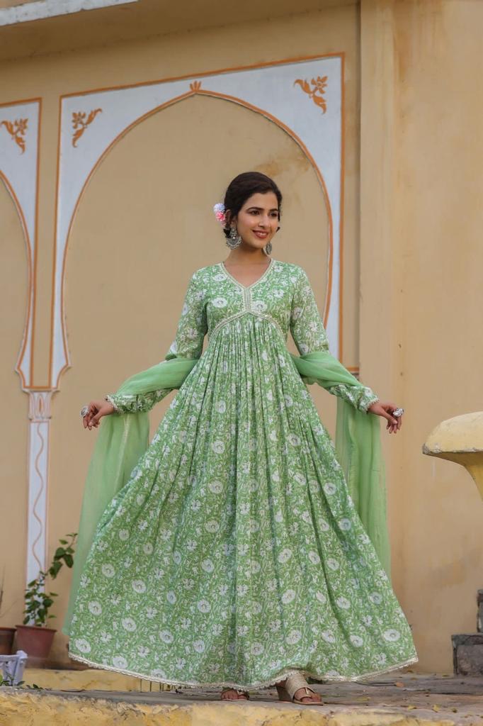 Sea green floral printed mul gown with dooriya dupatta