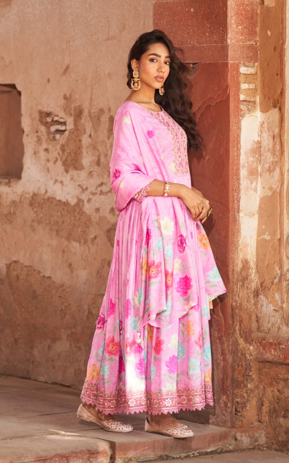 Baby pink mulmul cotton floral printed anarkali set