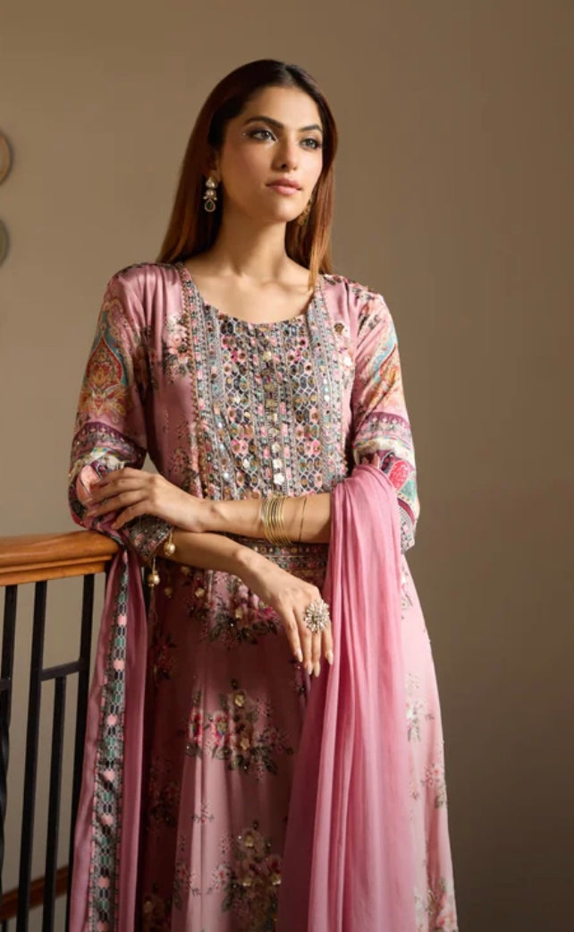 Pure crepe floral printed graceful anarkali set