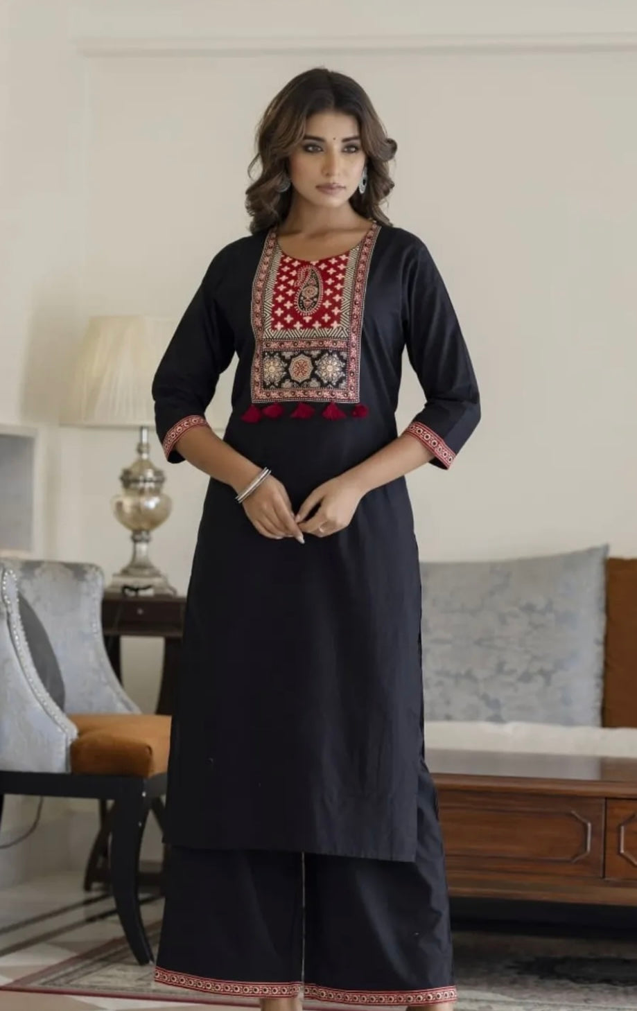 Cotton black ajrakh print neck stylish pant set