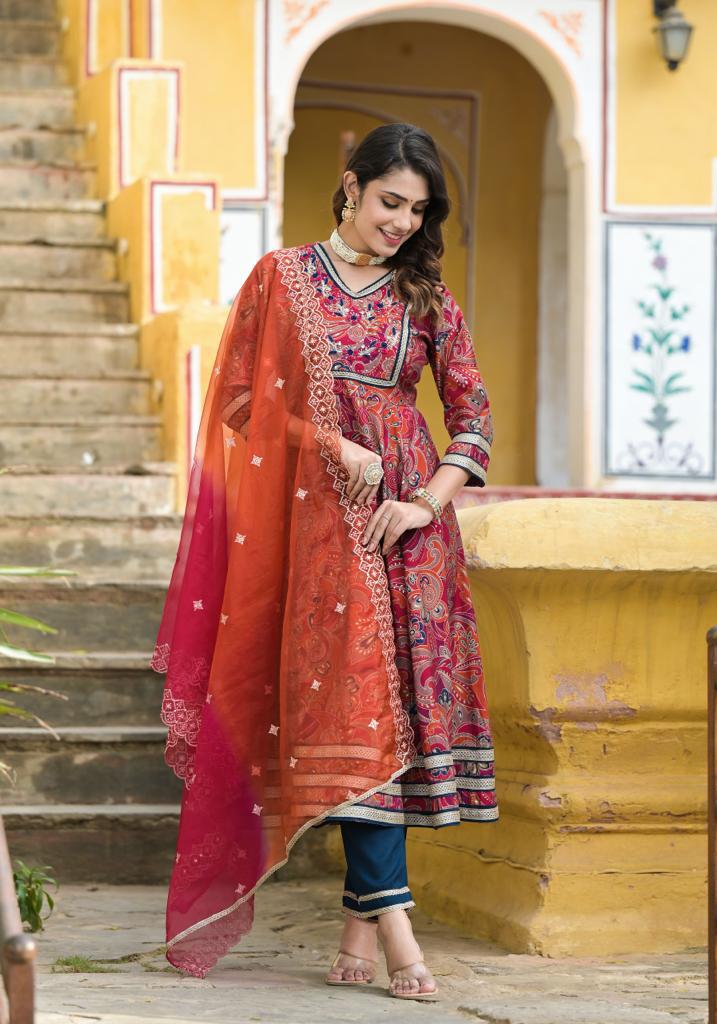 Maroon Ajrakh Print Anarkali Set