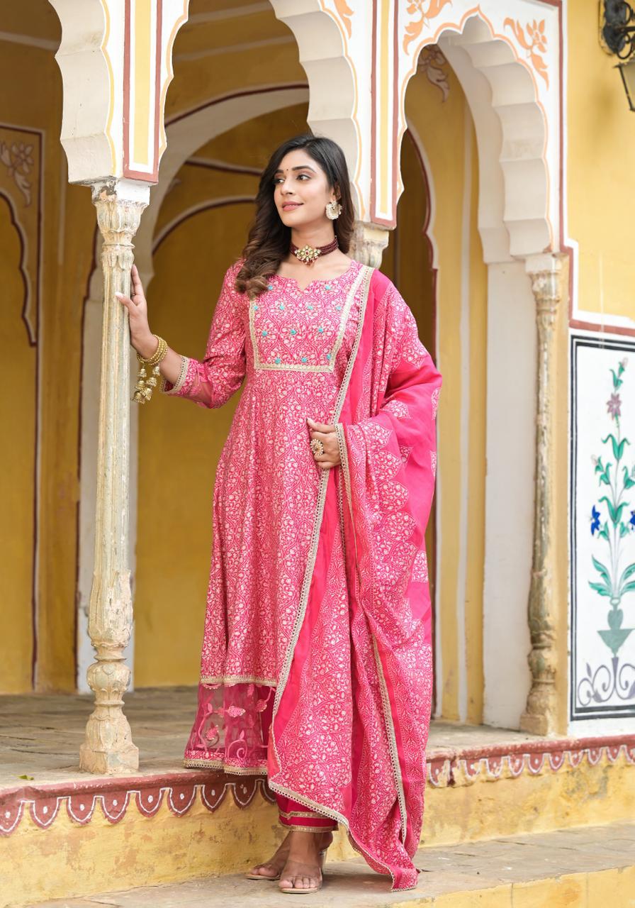 Modal Silk Pink Ajrakh Print Anarkali Set