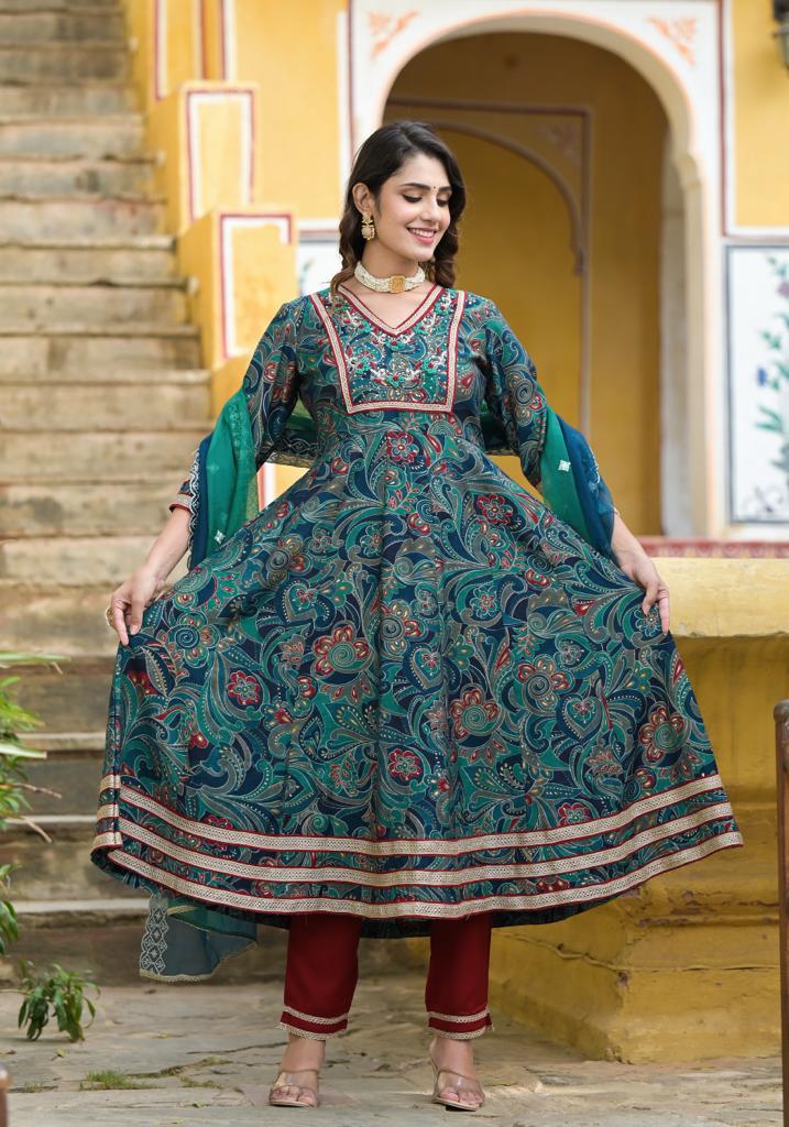 Peacock Blue Ajrakh Print Anarkali Set