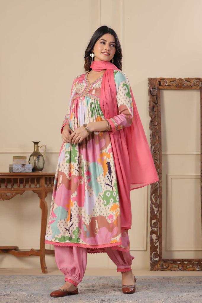 Multi-Colored Stylish Alia Neck Outfit – A Splash of Vibrant Elegance