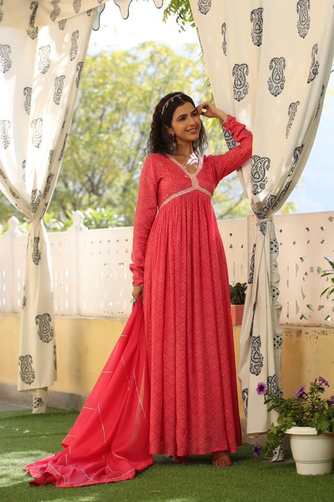 Magenta pink maslin printed gown