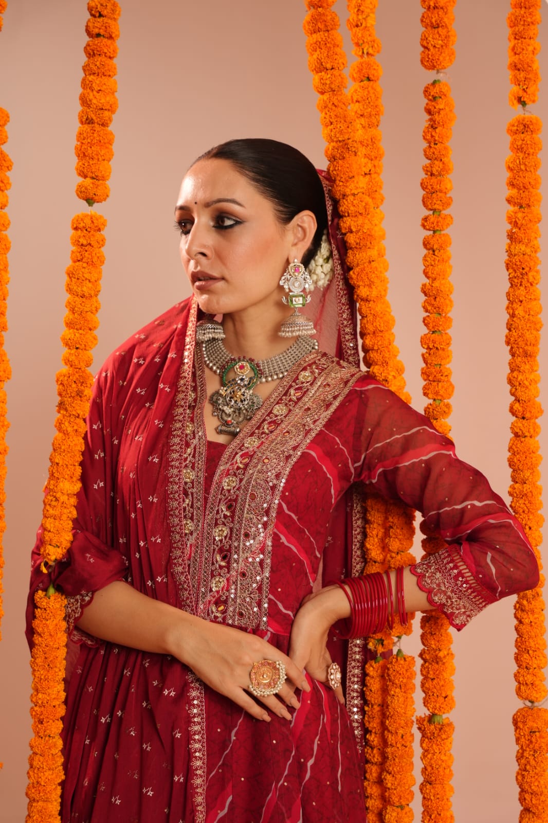 Organza royal maroon leheriya print gorgeous anarkali