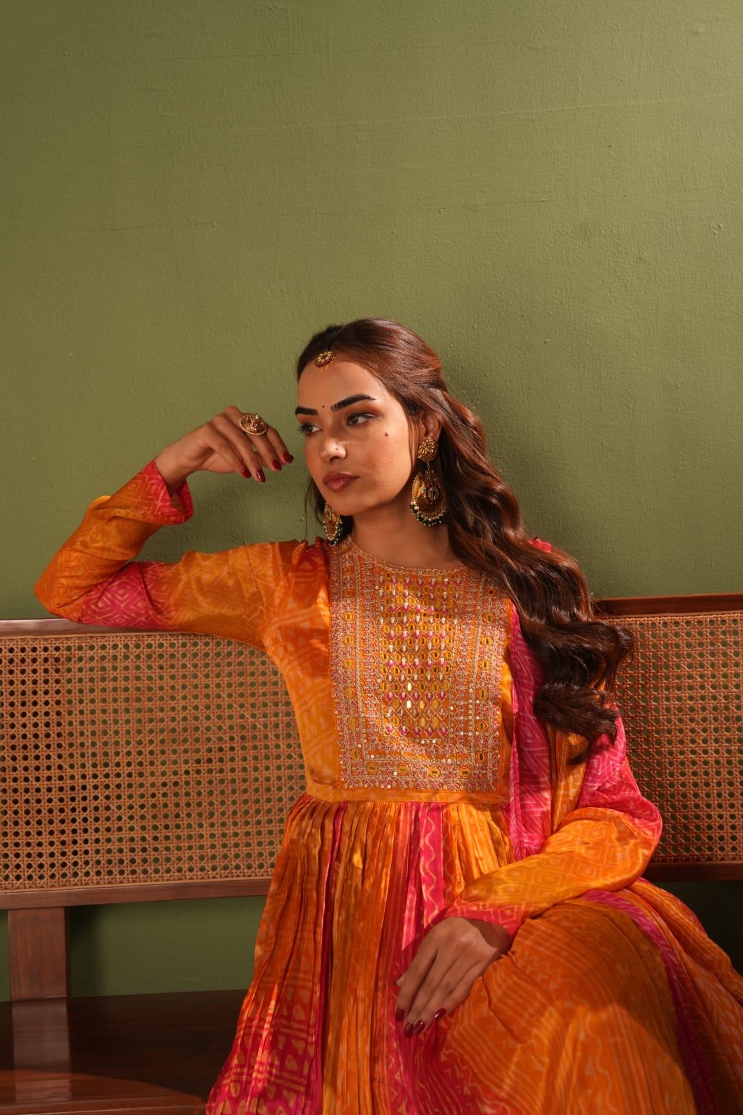 Orange chinon anarkali set with delicate neckline