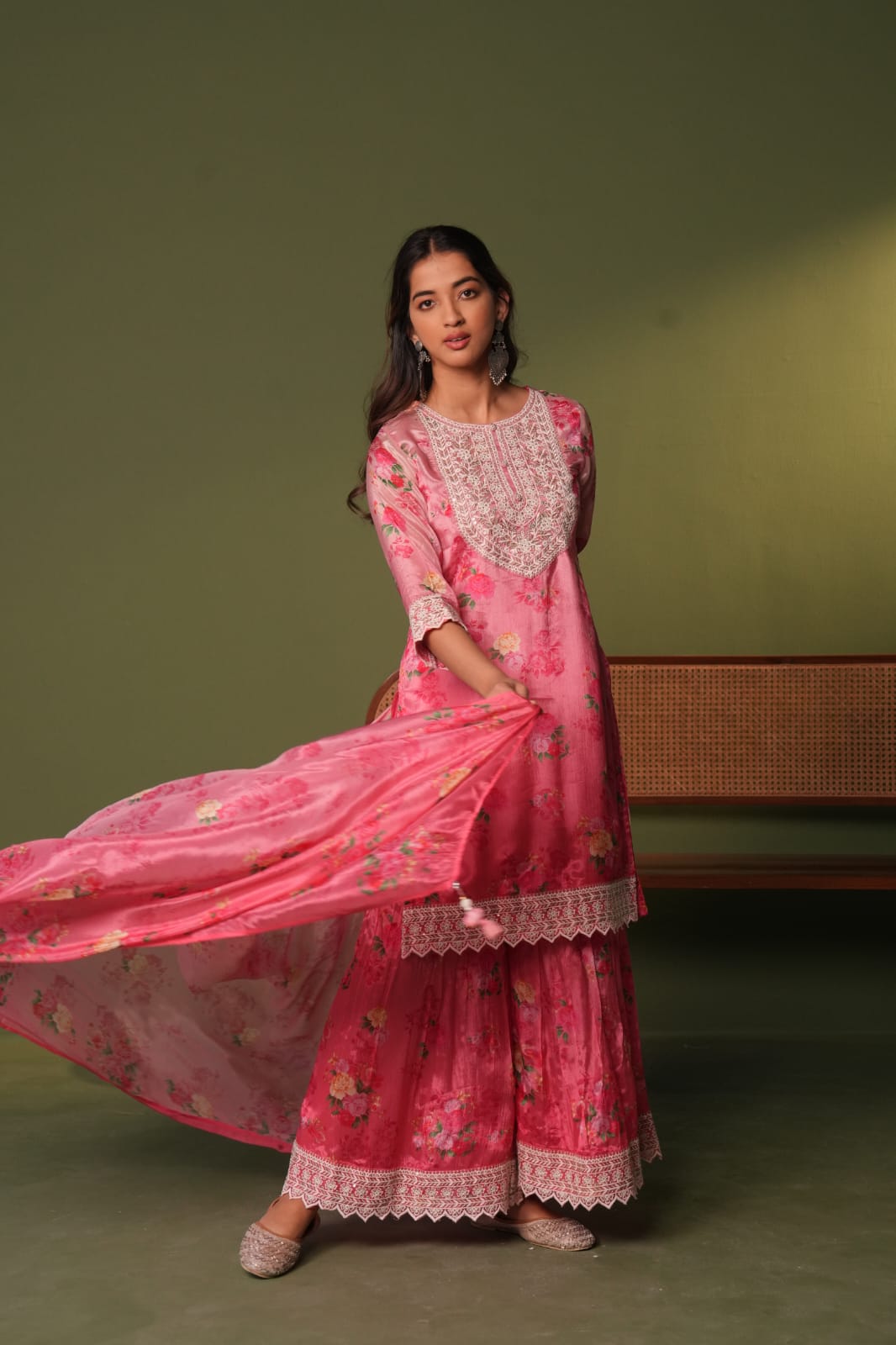 Pink chinon floral printed embroidered sharara set
