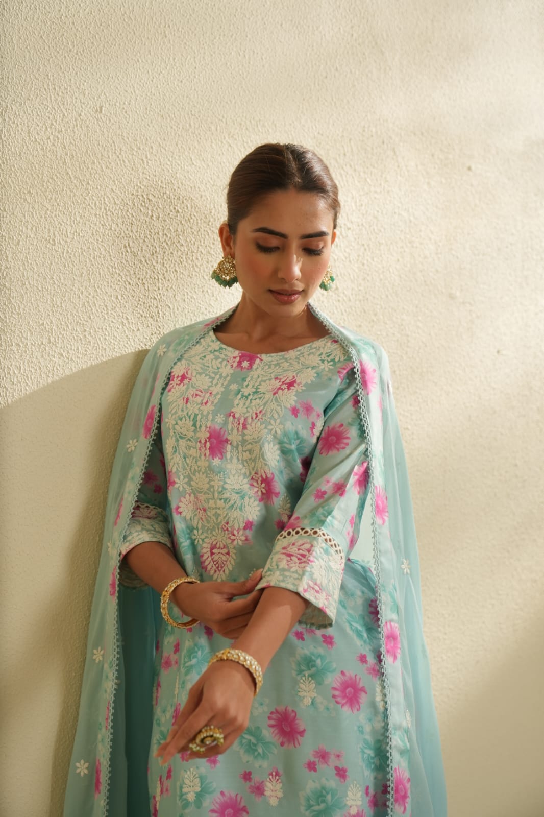 Sky blue beautiful cotton floral printed pant set