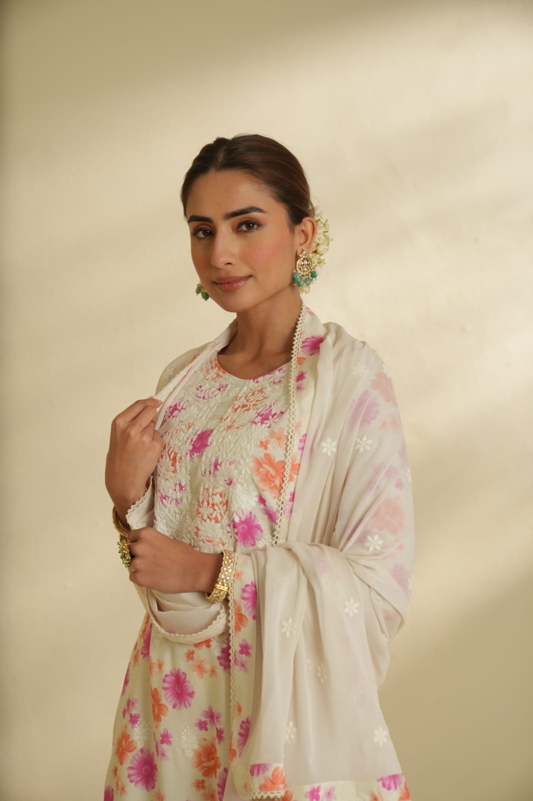 White beautiful cotton floral printed pant set