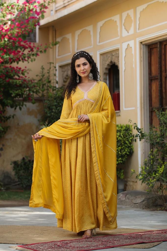 Mustard yellow maslin printed gown