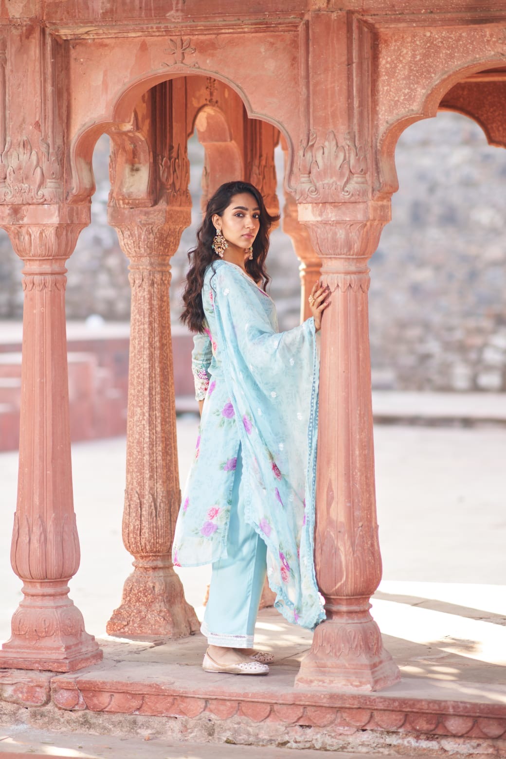 Sky blue floral print organza pant set