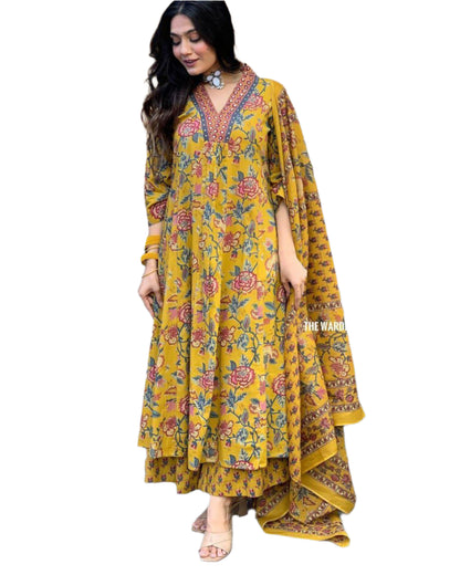 Beautiful yellow cotton v neck floral printed Anarkali set