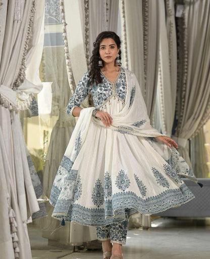 Beautiful cotton printed Anarkali set with designer neck line