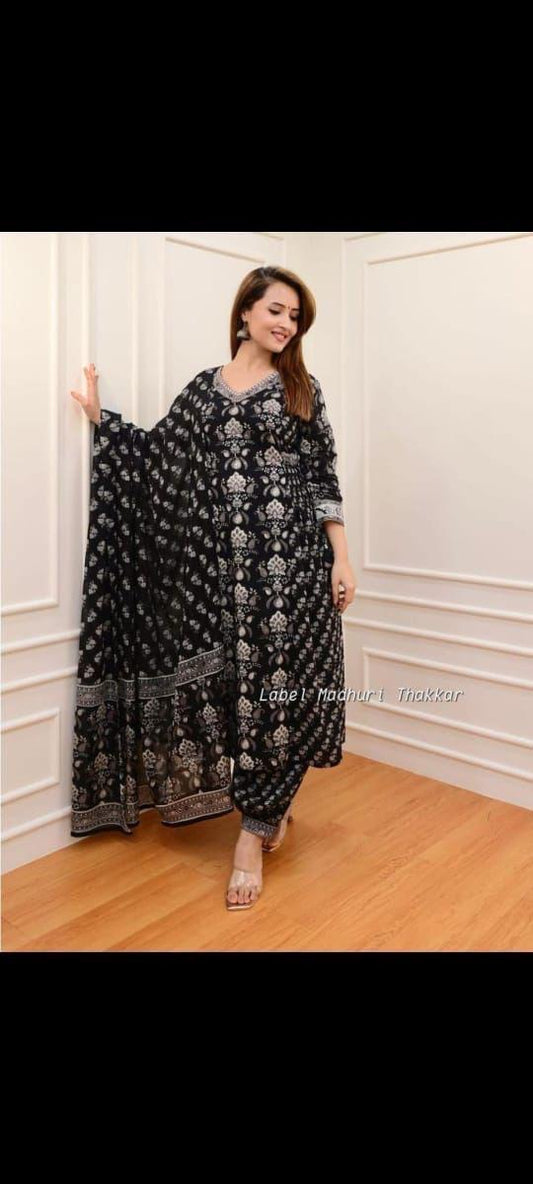 Beautiful black cotton v neck printed anarkali set