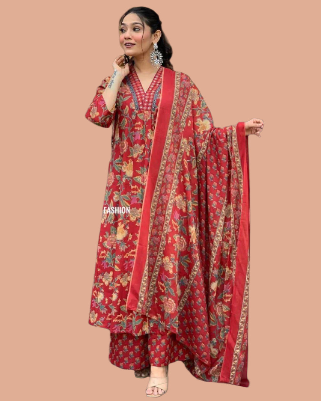 Beautiful red cotton v neck floral printed Anarkali set