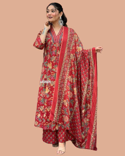 Beautiful red cotton v neck floral printed Anarkali set