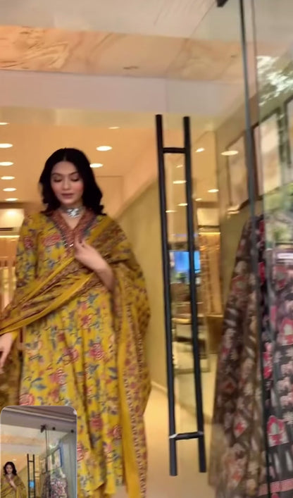 Beautiful yellow cotton v neck floral printed Anarkali set