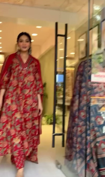 Beautiful red cotton v neck floral printed Anarkali set
